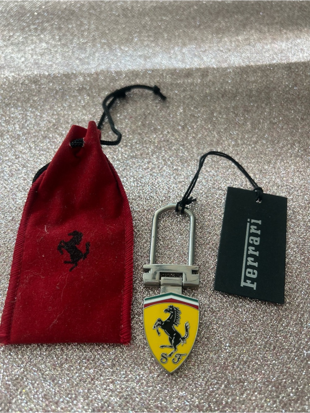 Ferrari Yellow Shield Key Holder with Red Velvet Pouch and Black Tag